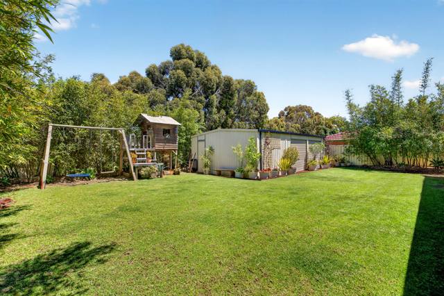 Back lawn with swing set, cubby and shed